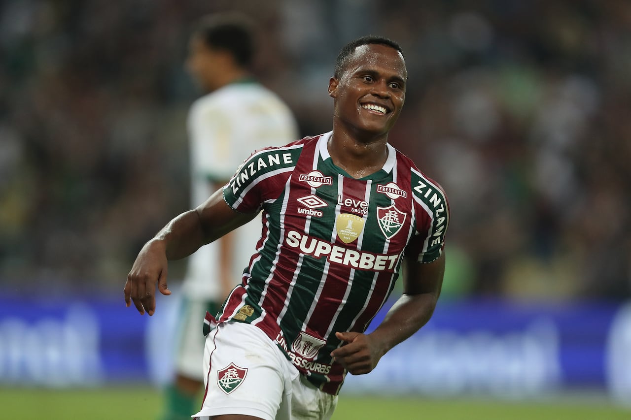 RIO DE JANEIRO, BRAZIL - JULY 24: Jhon Arias of Fluminense celebrates after scoring the first goal of his team during the match between Fluminense and Palmeiras as part of Brasileirao 2024 at Maracana Stadium on July 24, 2024 in Rio de Janeiro, Brazil. (Photo by Wagner Meier/Getty Images)