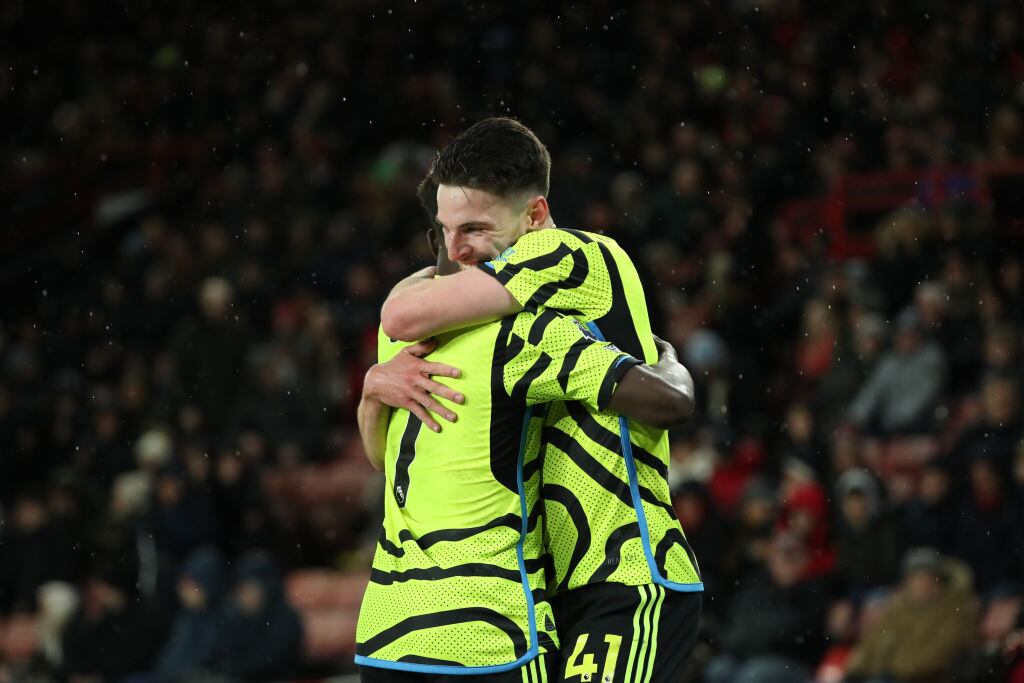 SHEFFIELD, ENGLAND - MARCH 4: Declan Rice of Arsenal celebrates their goal to make it 0-5 during the Premier League match between Sheffield United and Arsenal FC at Bramall Lane on March 4, 2024 in Sheffield, England. (Photo by MB Media/Getty Images)