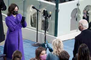 WASHINGTON, DC - JANUARY 20: Vice President-elect Kamala Harris and President-elect Joe Biden are seen during the 59th Presidential Inauguration on January 20, 2021 in Washington, DC. During today�s inauguration ceremony Joe Biden becomes the 46th president of the United States. Greg Nash - Pool/Getty Images/AFP