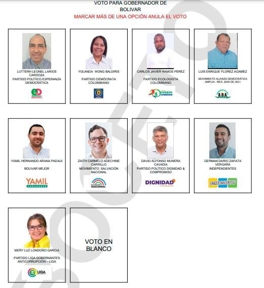 Tarjetón para las votaciones de la Gobernación de Bolívar