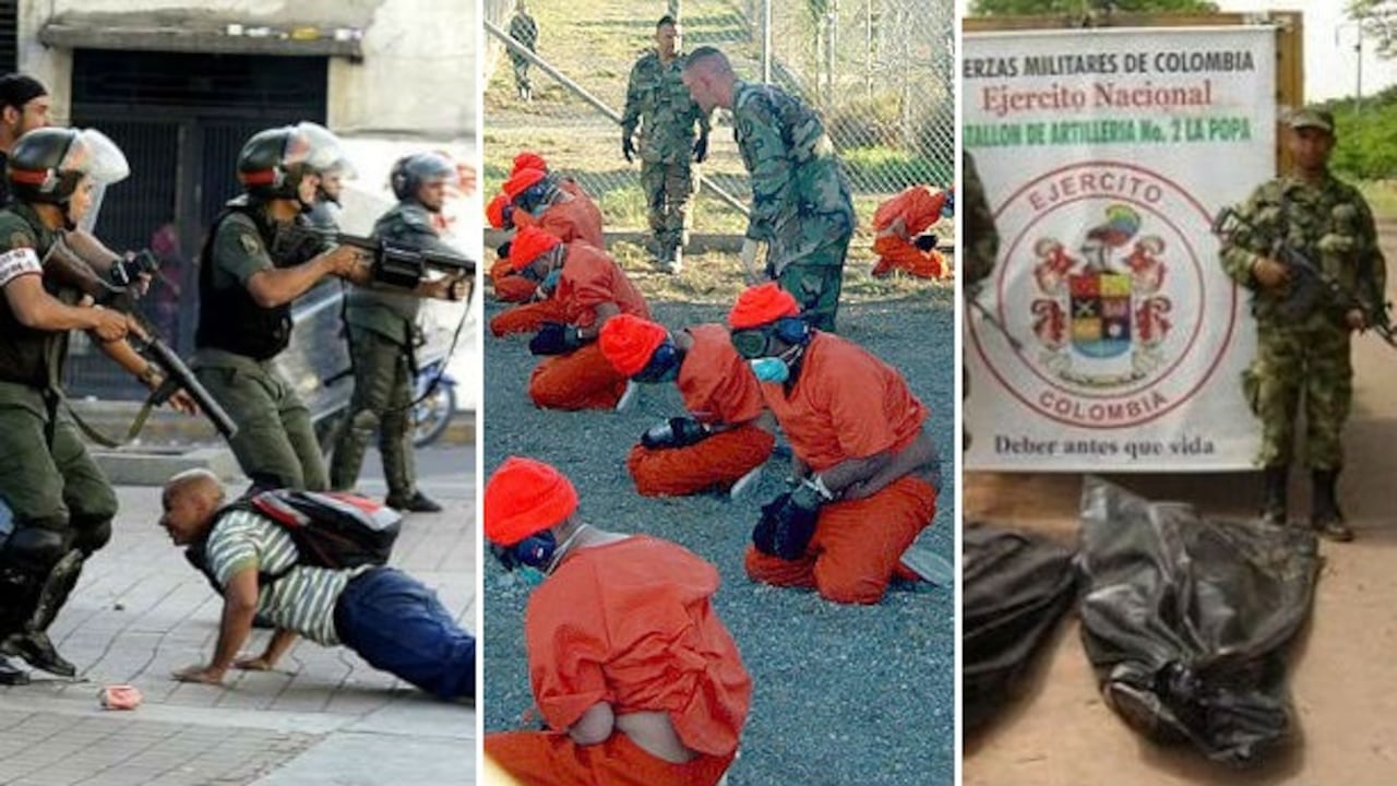 De izquierda a derecha: manifestaciones en Venezuela (2014), presos en Guantánamo, ejecuciones extrajudiciales en Colombia.