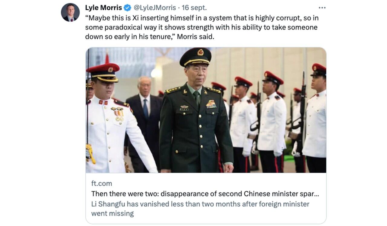 Lyle Morris, investigador asociado de política exterior y seguridad nacional en el Asia Society Policy Institute, opina sobre la desaparición del ministro de Defensa de China