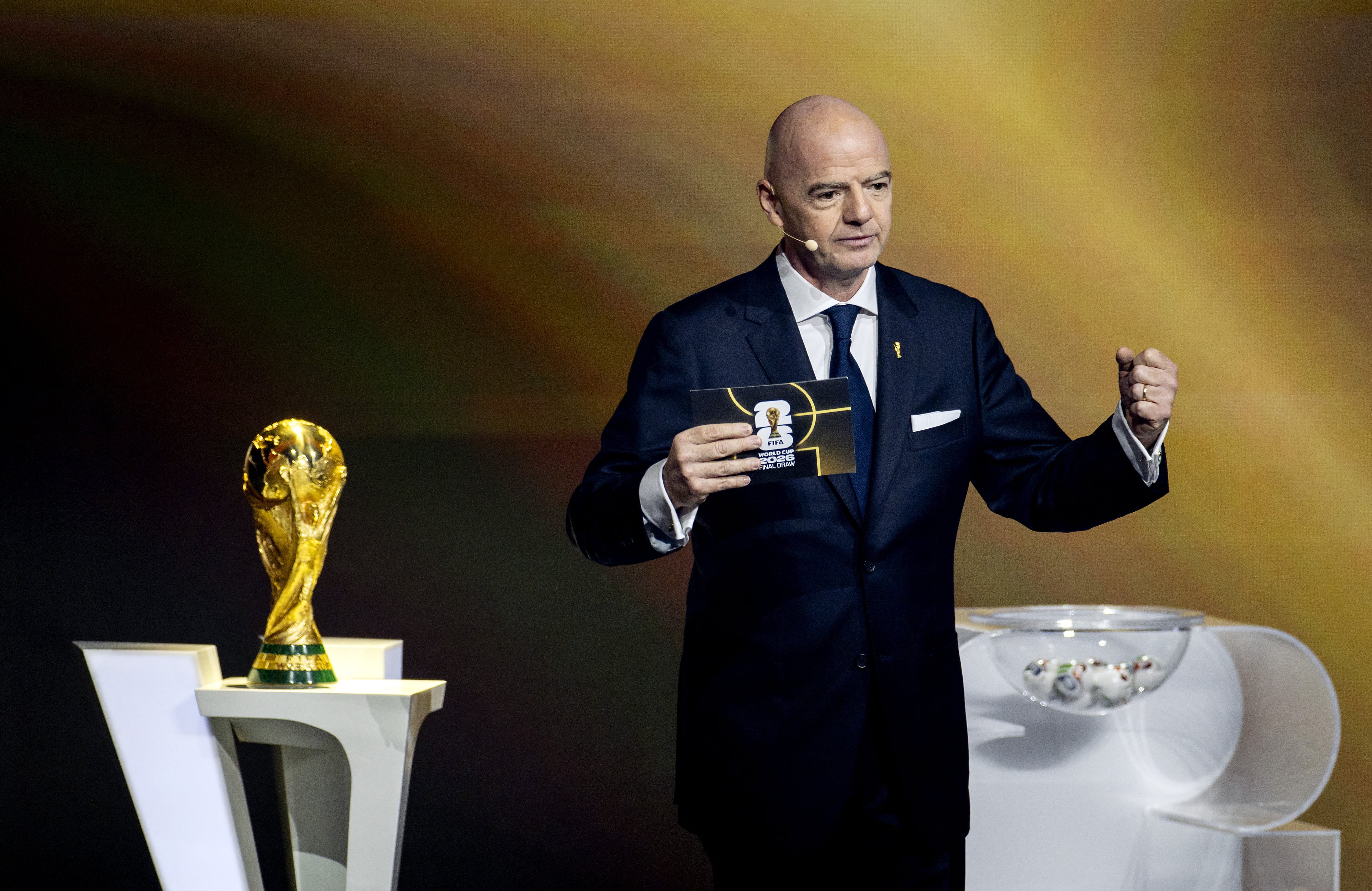 WASHINGTON � FIFA President Gianni Infantino during the draw for the 2026 World Cup in the United States. ANP KOEN VAN WEEL netherlands out - belgium out (Photo by Koen van Weel / ANP MAG / ANP via AFP)