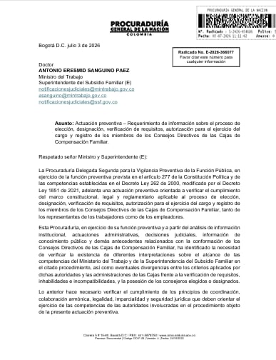 Procuraduría solicita información a Antonio Sanguino.