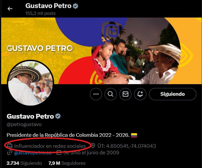 El perfil del presidente Gustavo Petro en X muestra la etiqueta “influenciador en redes sociales”, generando dudas sobre su origen.