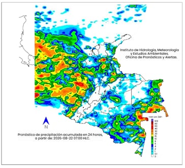 Mapa del clima en Colombia para el sábado 22 de agosto.