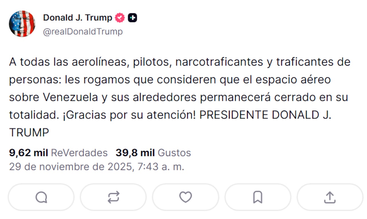 Venezuela respondió con firmeza al mensaje de Trump, al que acusó de intentar dictar órdenes sobre su territorio aéreo.