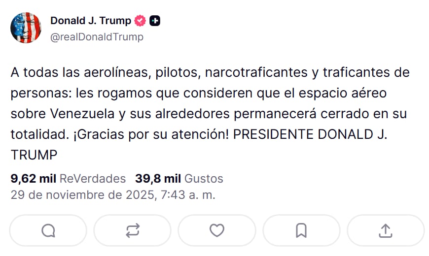 Venezuela respondió con firmeza al mensaje de Trump, al que acusó de intentar dictar órdenes sobre su territorio aéreo.