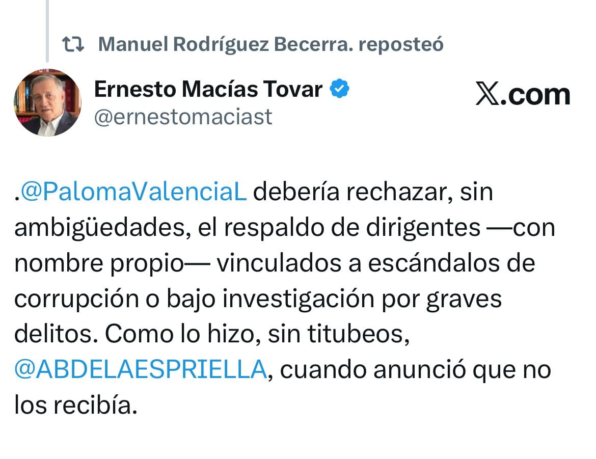 El exministro Manuel Rodríguez Becerra reposteó un mensaje de Ernesto Macías a la candidata presidencial Paloma Valencia.