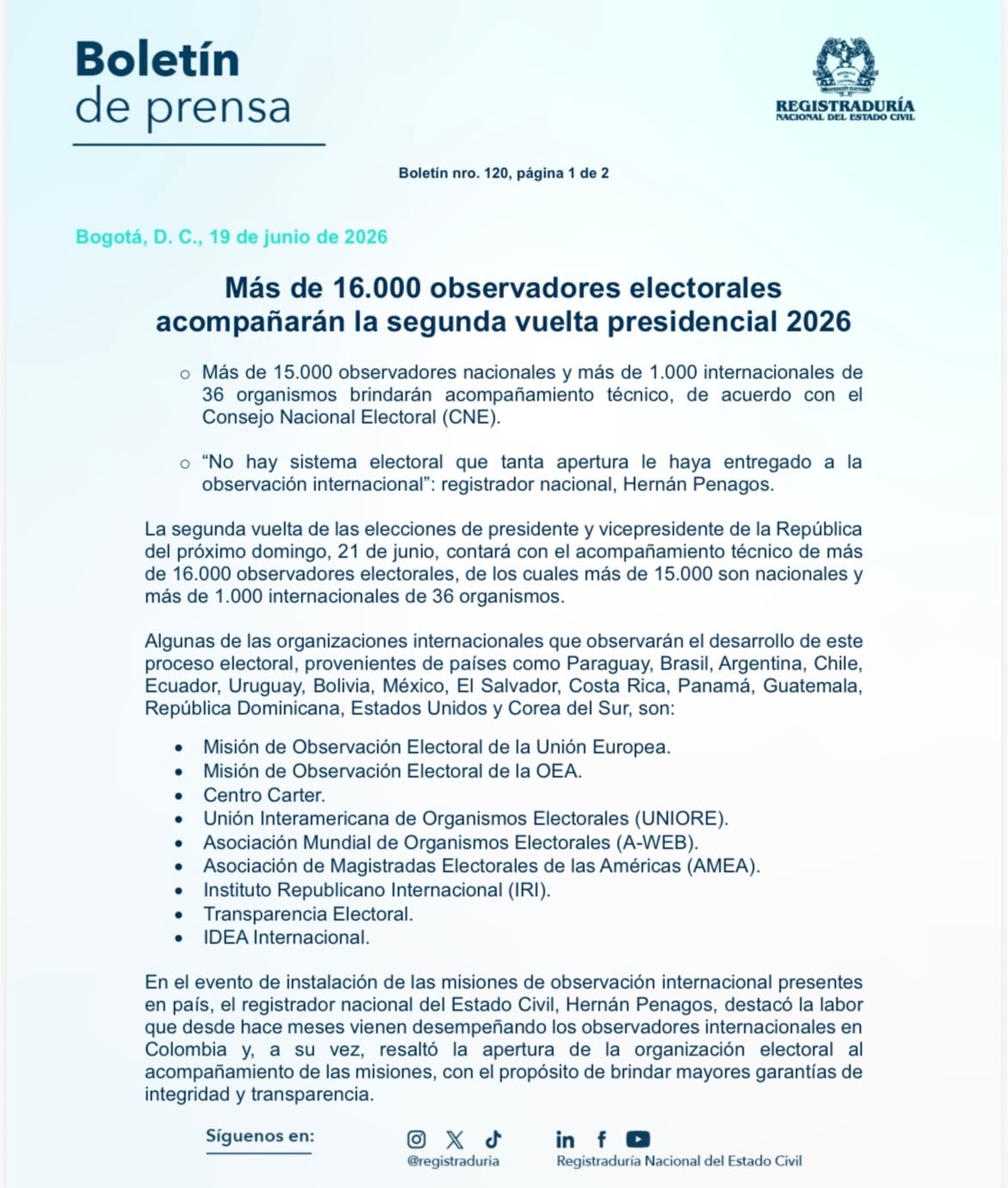 Comunicado Registraduría