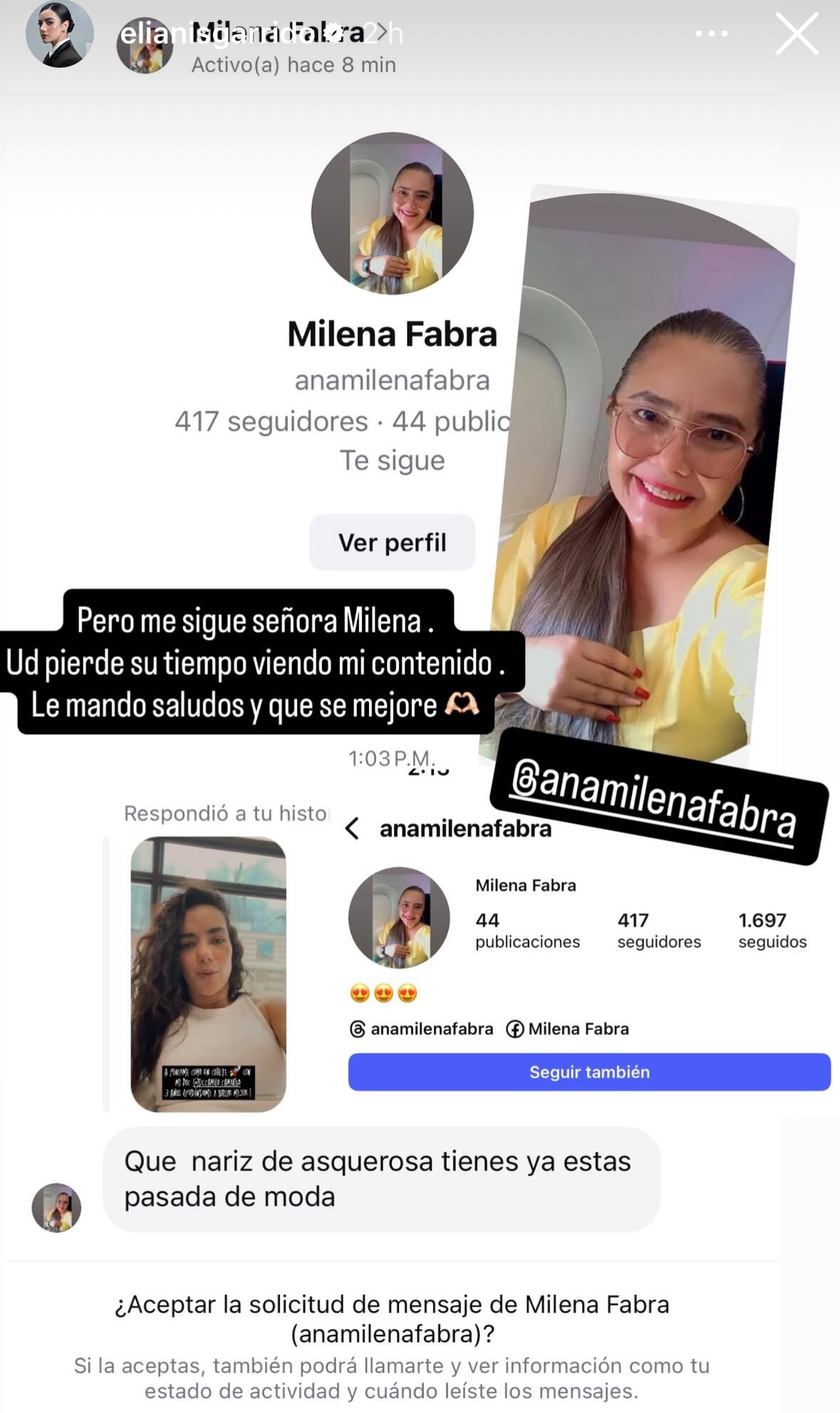 La actriz y presentadora expuso a la mujer que crítico el resultado de sus cirugías de nariz.