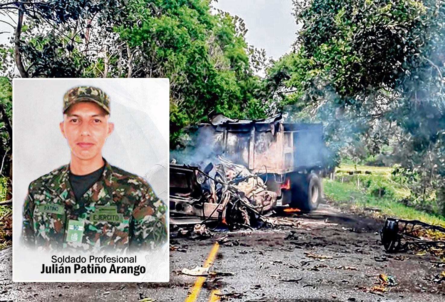 Soldado profesional Julián Patiño. Tenía 31 años y fue una de las dos víctimas que fallecieron luego del ataque del ELN a una base militar en el departamento de Arauca. Su lugar de nacimiento fue Cali.