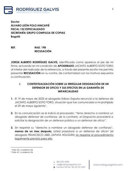 Documento de la recusación del abogado de alias Lucas contra el Fiscal 132 Especializado.