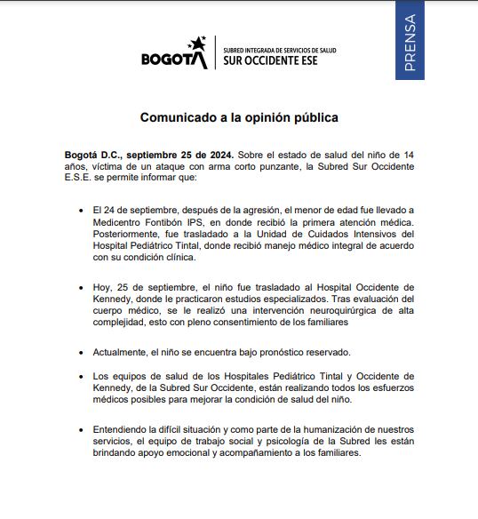 Por medio del comunicado se detalló el estado de salud del menor