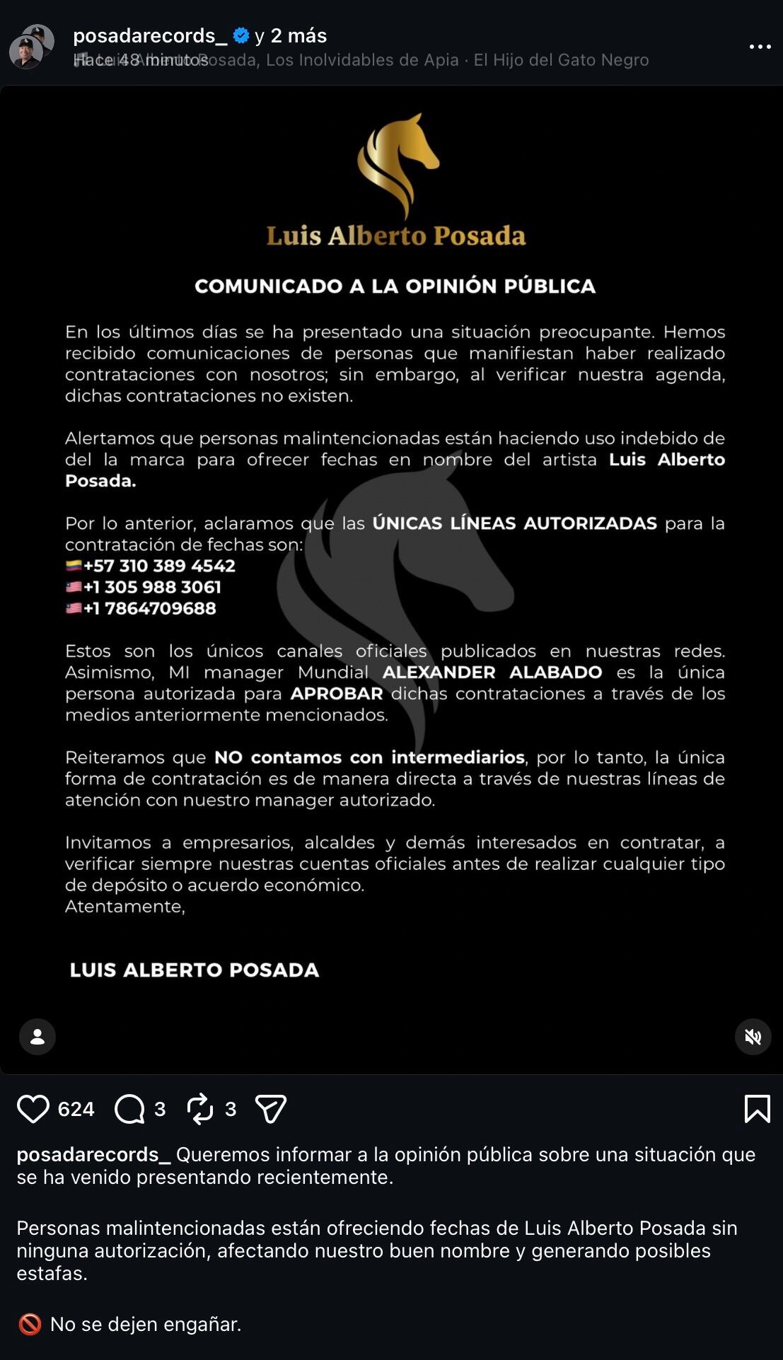 Mensaje de Luis Alberto Posada en su cuenta de Instagram.