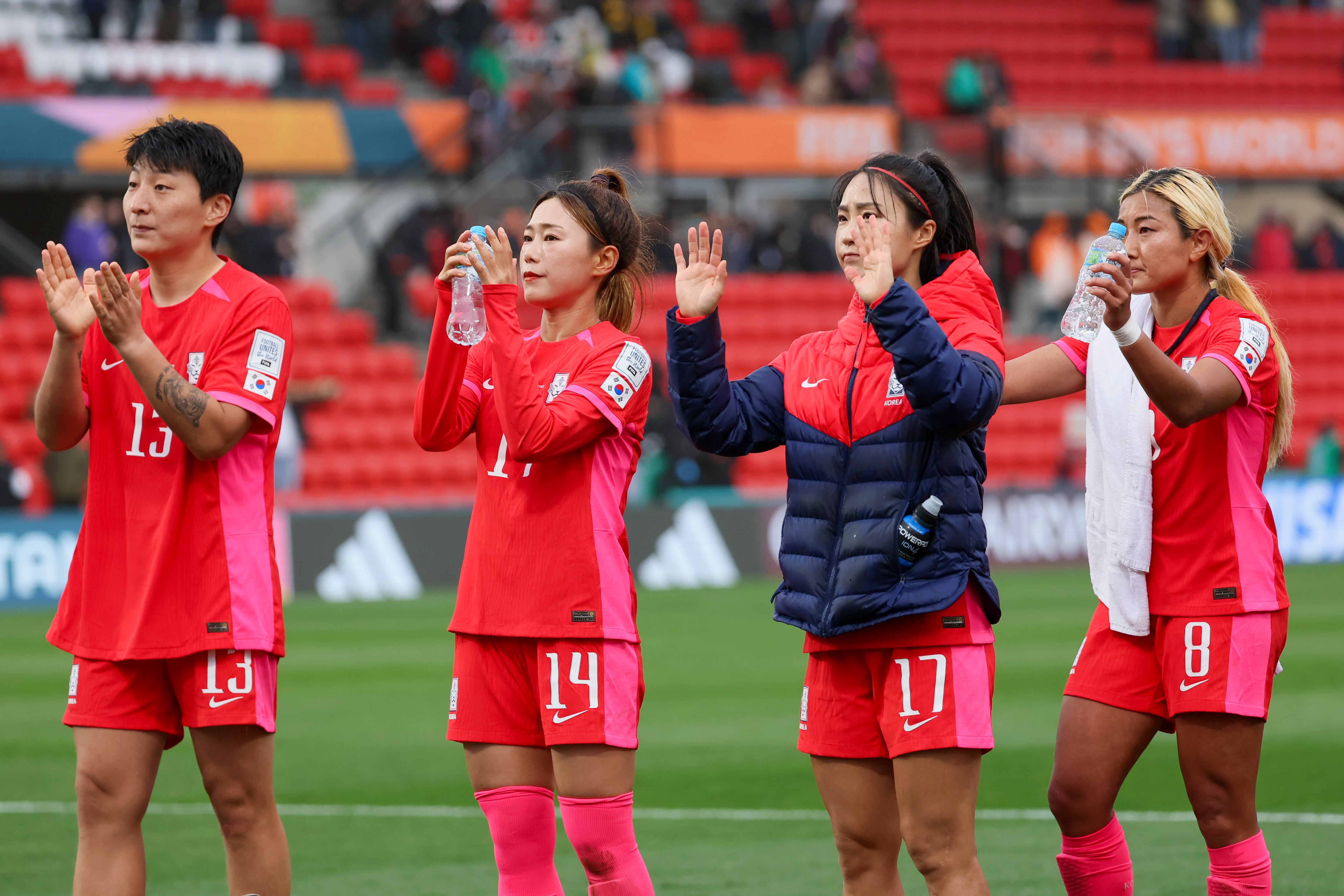 South Korean players react following the Women's World Cup Group H soccer match between South Korea and Morocco in Adelaide, Australia, Sunday, July 30, 2023. (AP Photo/James Elsby)