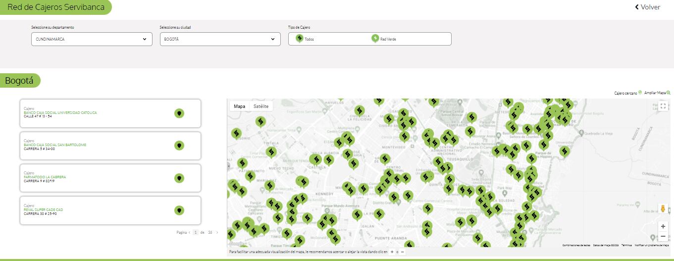 La página de Servibanca cuenta con un buscador de cajeros con georreferenciación.