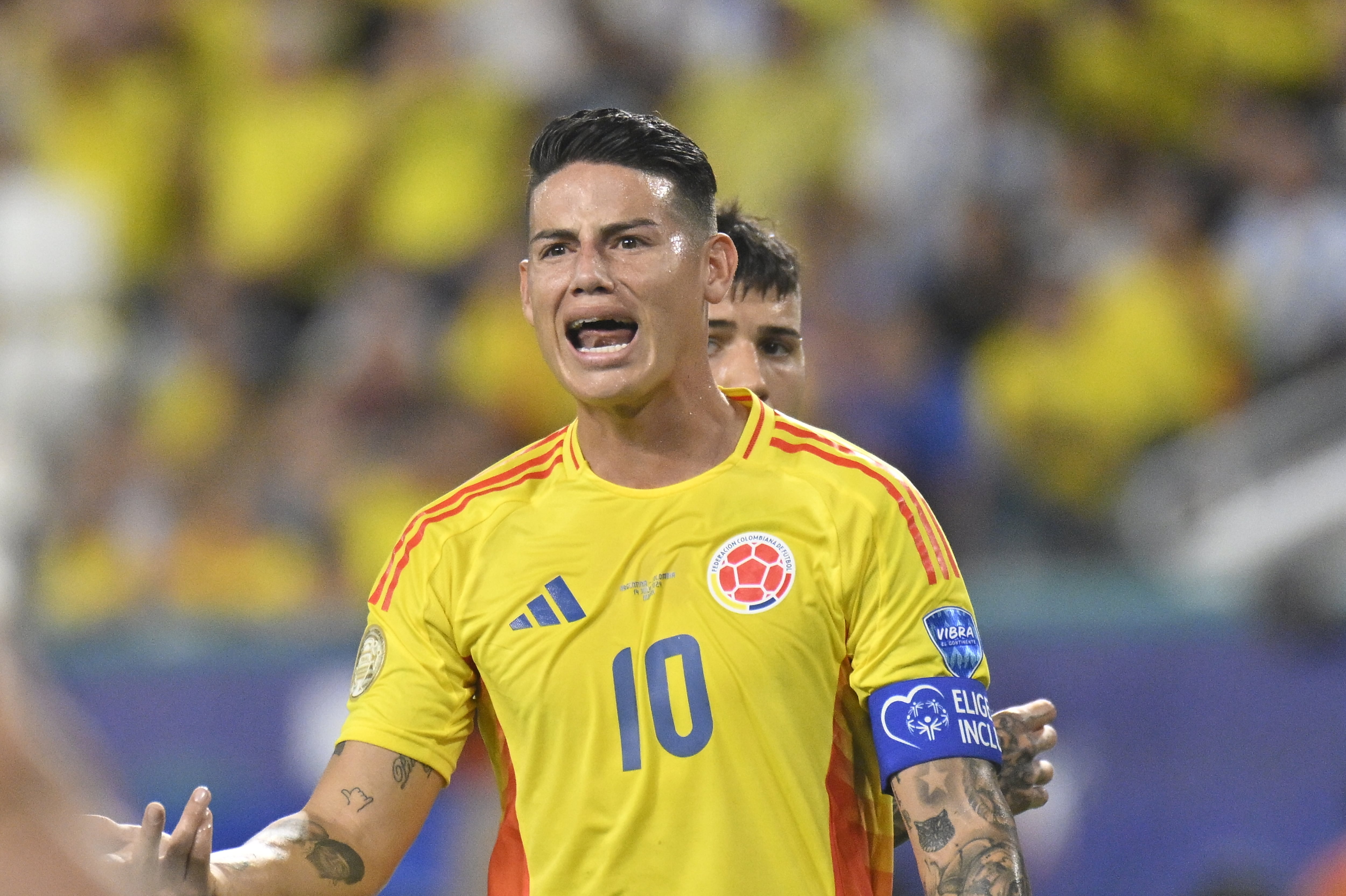 MIAMI GARDENS, FLORIDA - JULY 14: James Rodriguez of Colombia reacts during the final match of Copa America between Argentina and Colombia at Hard Rock Stadium in Miami, Florida, United States on July 14, 2024. (Photo by Miguel J Rodriguez Carrillo/Anadolu via Getty Images)