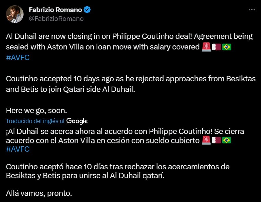 Información de Fabrizio Romano sobre Coutinho.