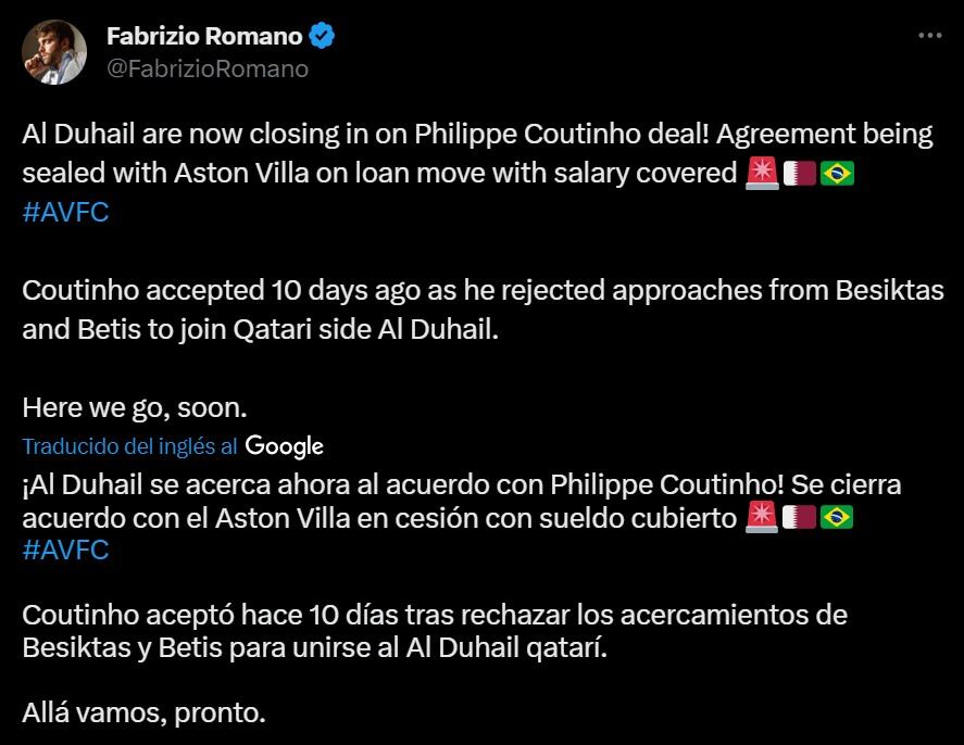 Información de Fabrizio Romano sobre Coutinho.