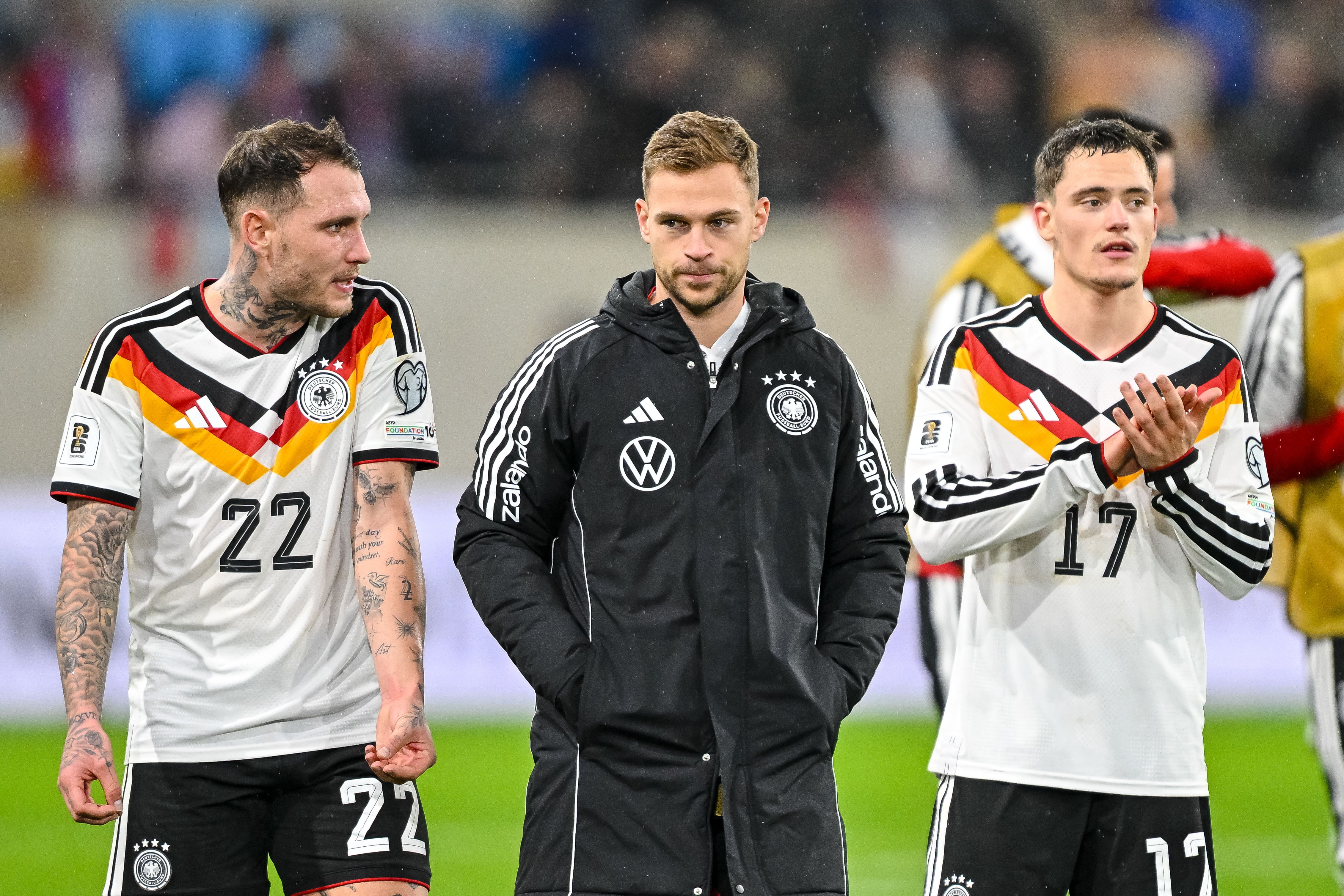 Luxembourg, Luxembourg - November 14: David Raum of Germany, Joshua Kimmich of Germany and Florian Wirtz of Germany gestures during the FIFA World Cup 2026 qualifier match between Luxembourg and Germany at Stade de Luxembourg on November 14, 2025 in Luxembourg, Luxembourg. (Photo by Harry Langer/DeFodi Images/DeFodi via Getty Images)
