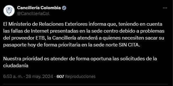 Publicación de la Cancillería en X.