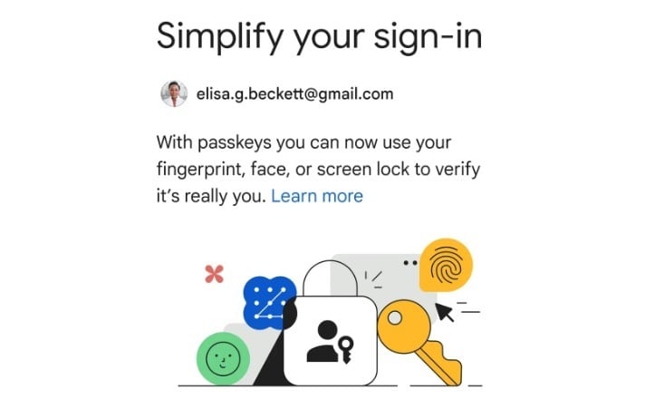 Inicio de sesión en cuenta de Google con clave de acceso 'passkeys'.