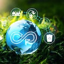 Concepto de economía circular. El consumo de energía y las emisiones de CO2 están aumentando. Compartir, reutilizar, reparar, renovar y reciclar materiales y productos existentes tanto como sea posible