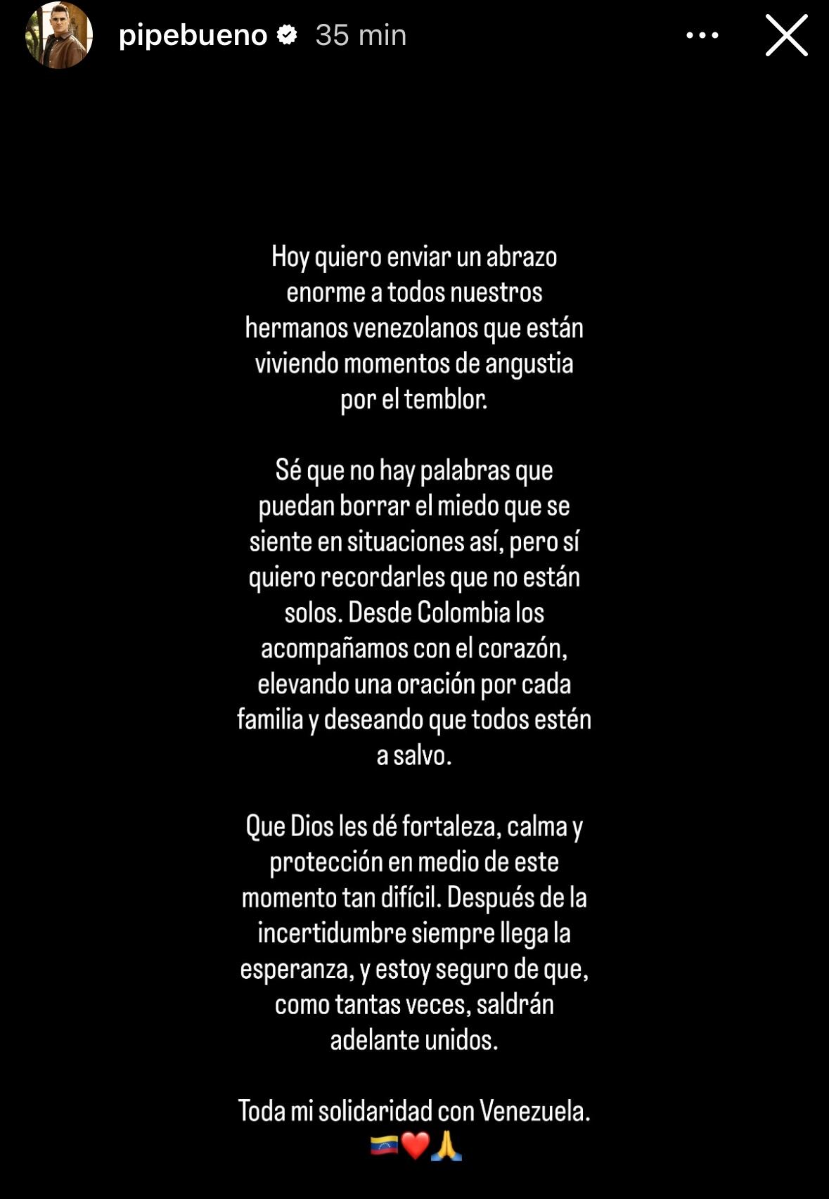 Pipe Bueno envió mensaje tras terremotos en Venezuela.