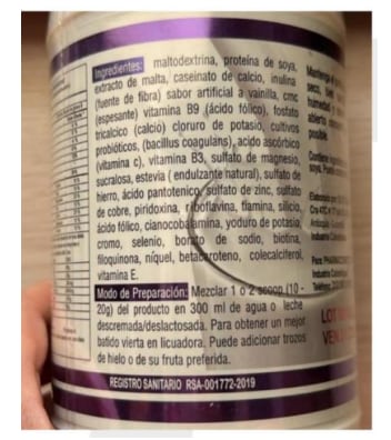Composición del producto que originó la alerta sanitaria.