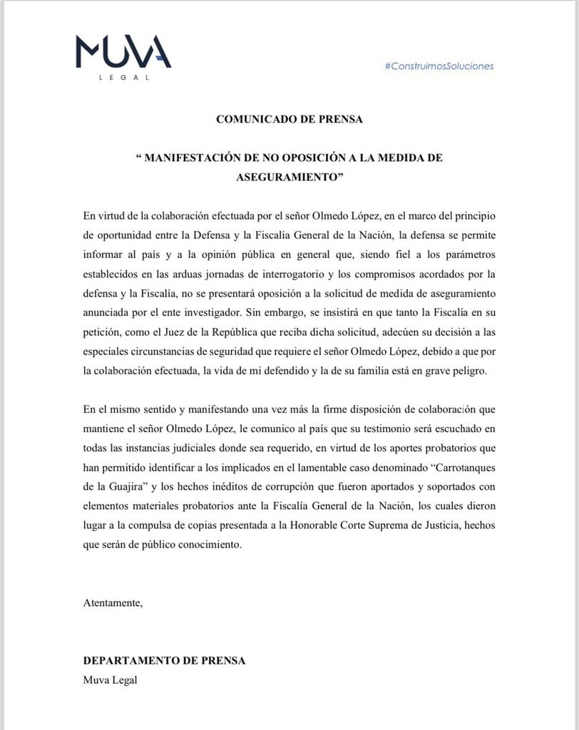 Comunicado de la defensa del exdirector de la UNGRD, Olmedo López.