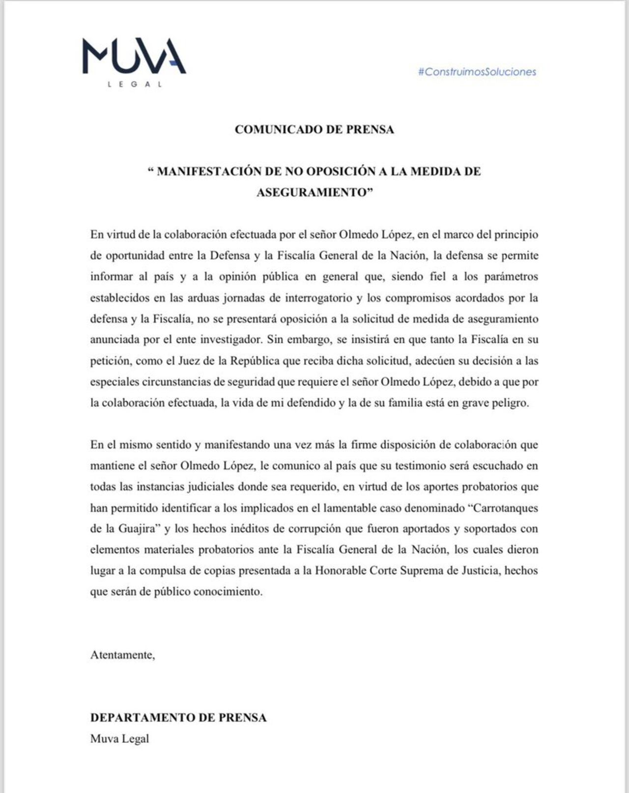 Comunicado de la defensa del exdirector de la UNGRD, Olmedo López.