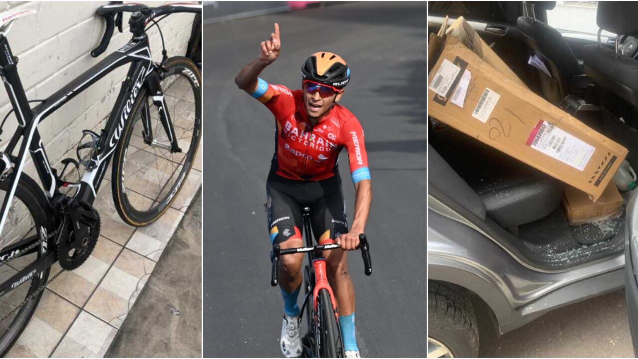 Santiago Buitrago, ganador de etapa en el Giro de Italia 2022. A la izquierda y derecha, las bicicletas que en su momento le hurtaron en Bogotá