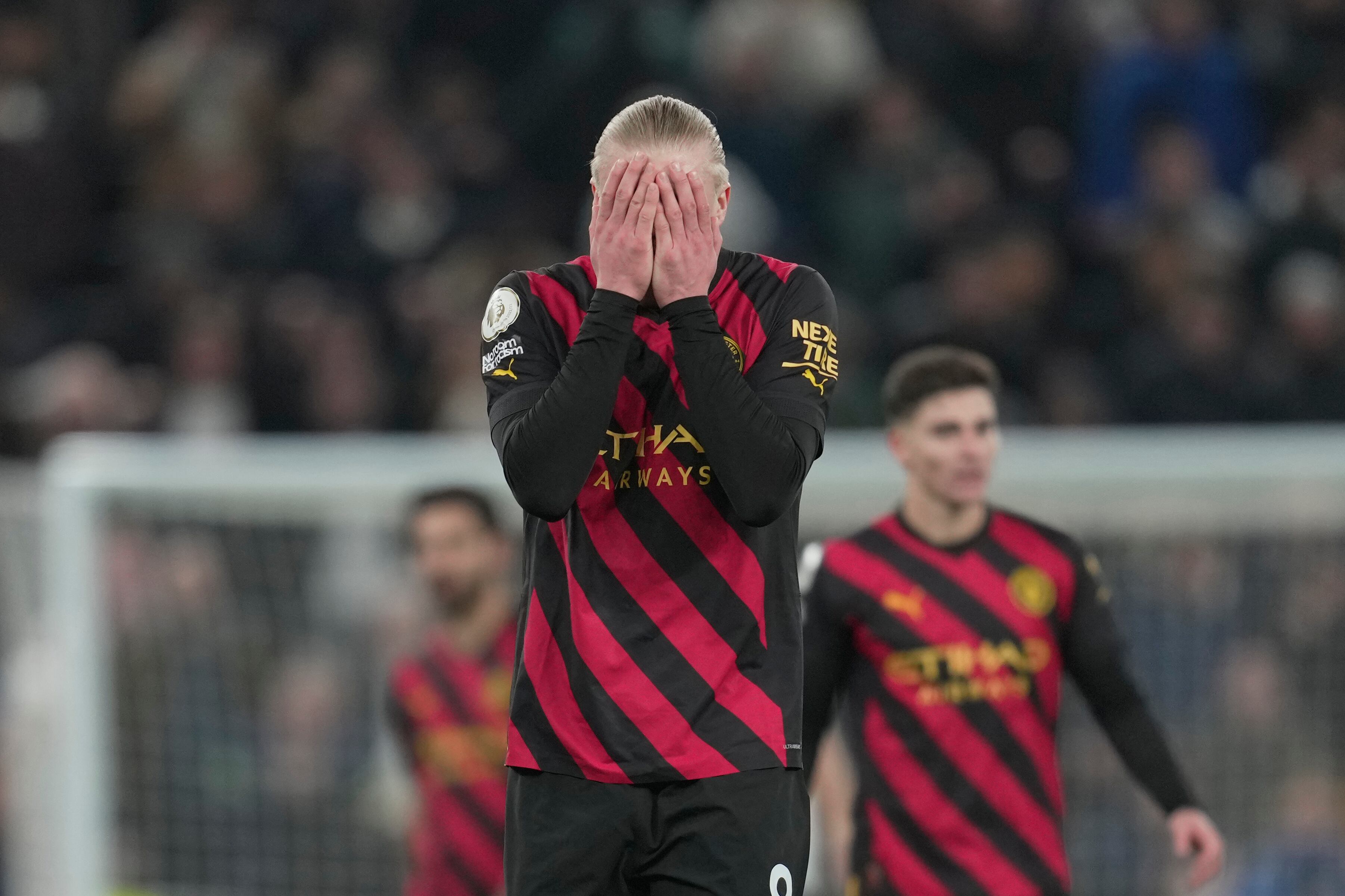 Manchester City's Erling Haaland reacts during an English Premier League soccer match between Tottenham Hotspur and Manchester City at the Tottenham Hotspur Stadium in London, Sunday, Feb. 5, 2023. (AP Photo/Kin Cheung)