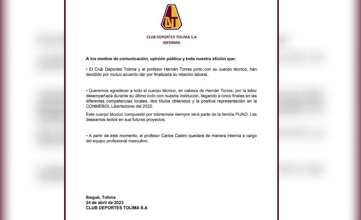 Comunicado Tolima sobre la salida de Torres.