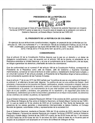 Decreto del gobierno en donde ordena a la fuerza pública a suspender acciones militares y policiales ofensivas contra las disidencias de las Farc de Iván Mordisco.