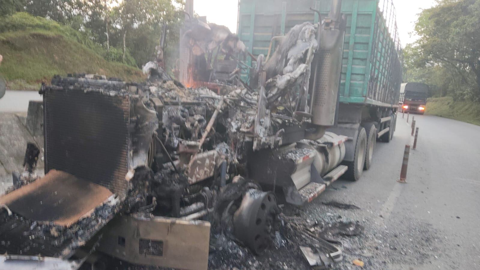 Uno de los camiones incinerados en la vía a Buenaventura, por el ELN