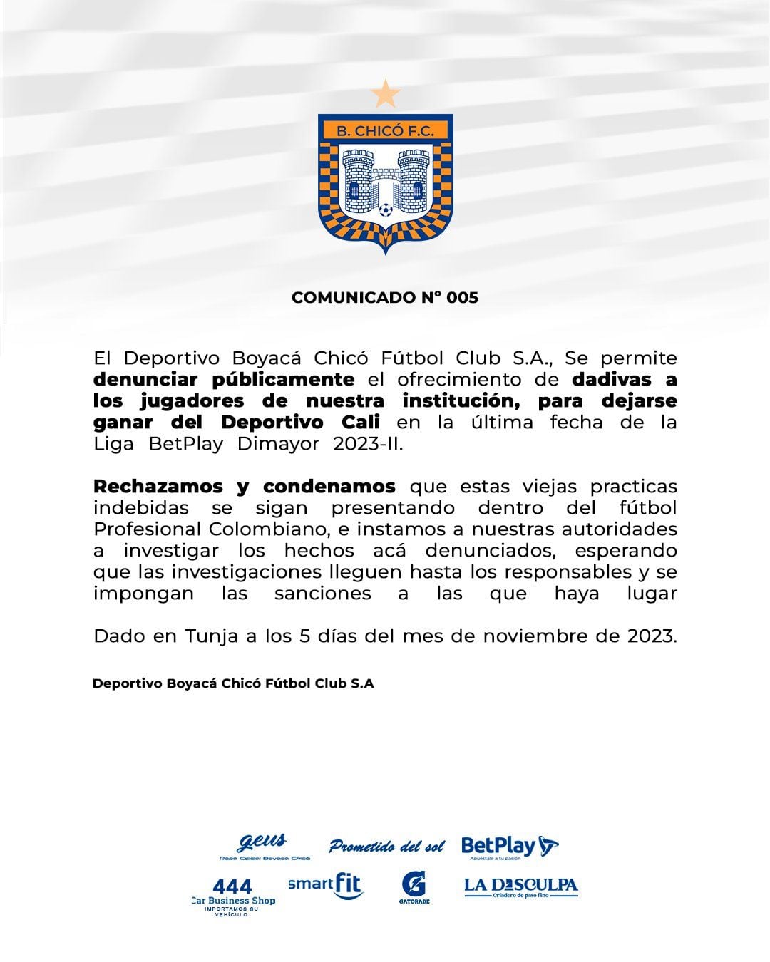 Comunicado oficial Boyacá Chicó