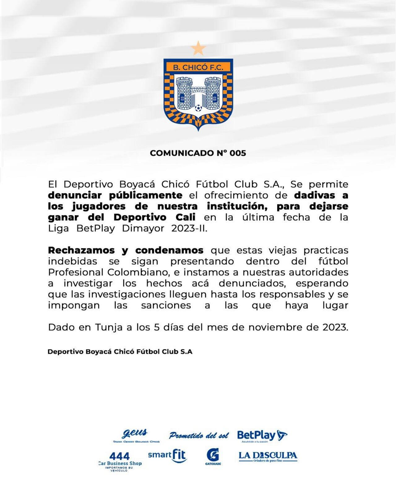 Comunicado oficial Boyacá Chicó