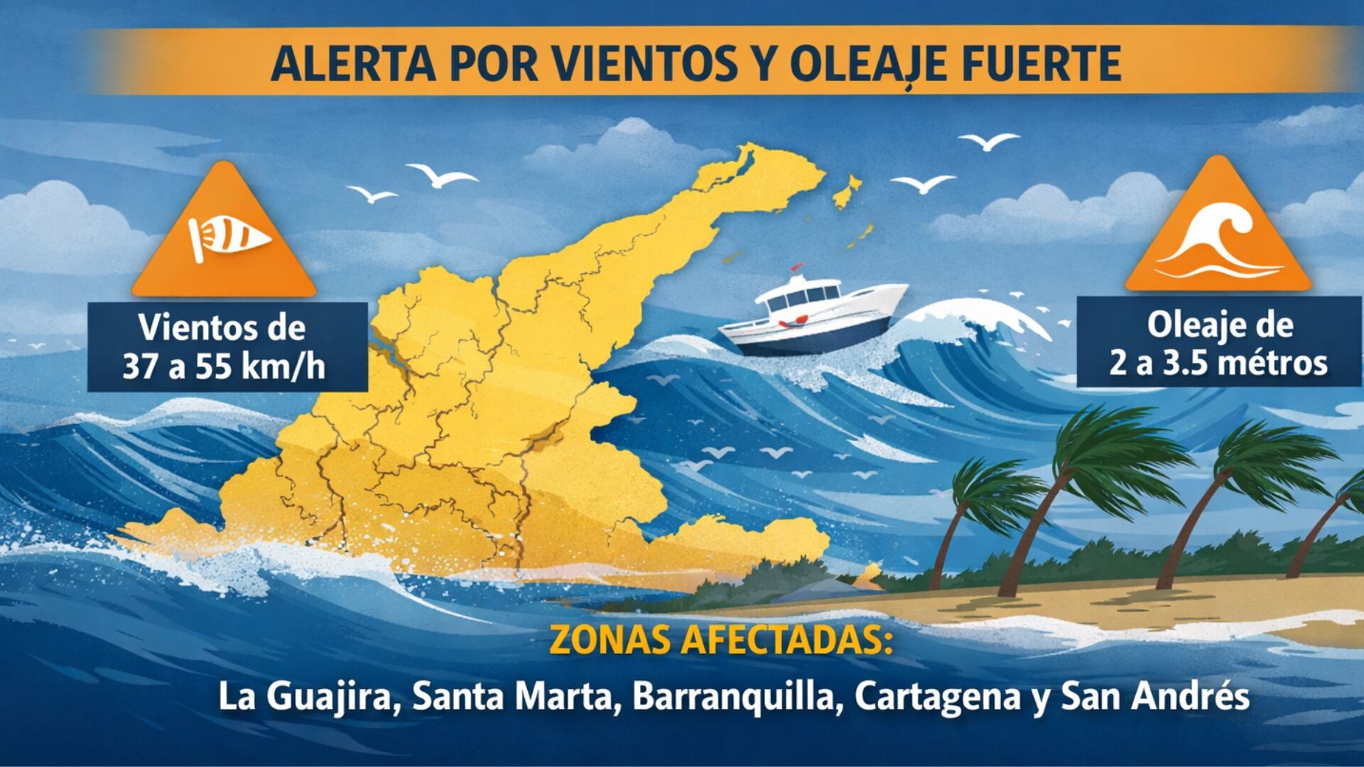 El reporte oficial señala afectaciones en La Guajira, Santa Marta, Barranquilla, Cartagena y el Archipiélago de San Andrés, Providencia y Santa Catalina, donde se recomienda extremar medidas de seguridad.
