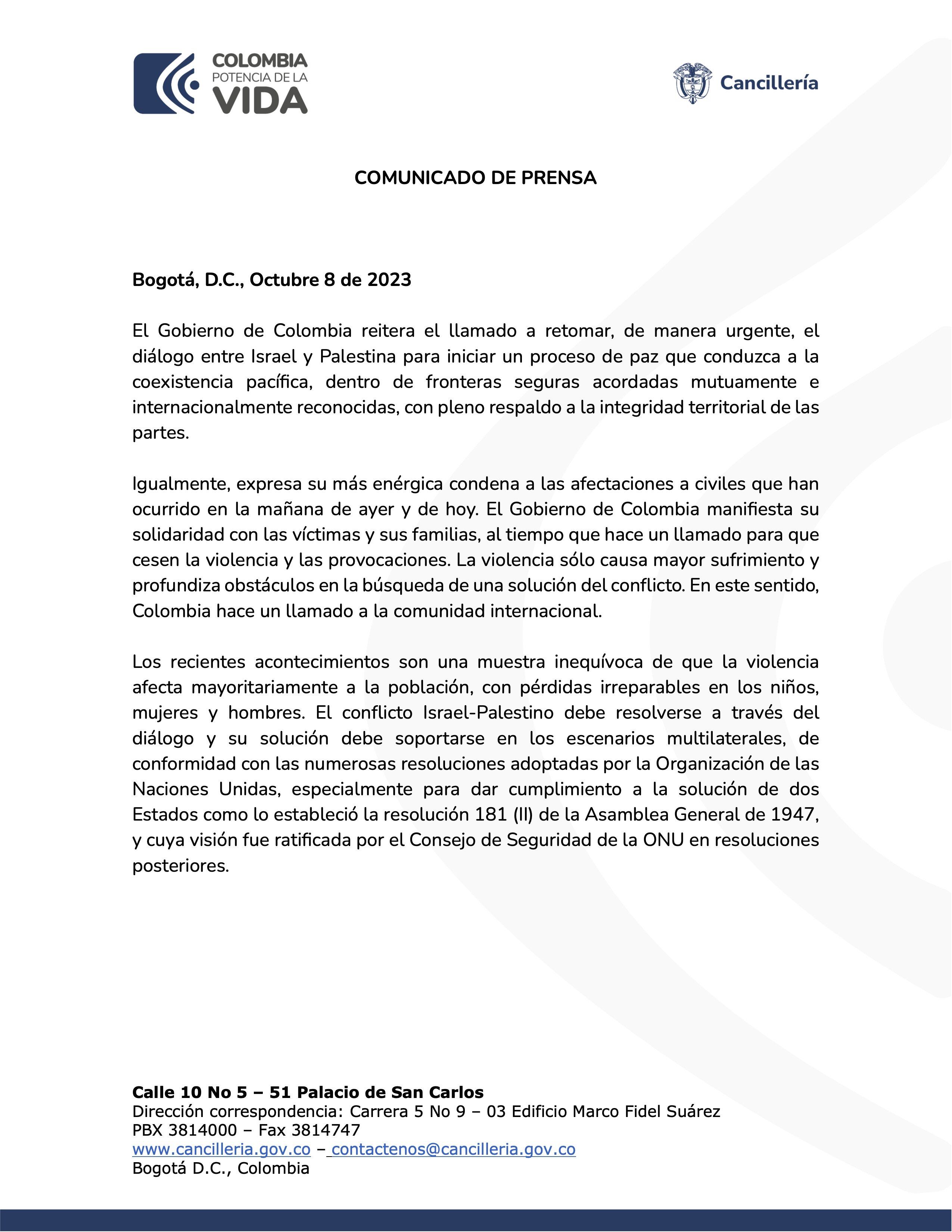 Comunicado de la Cancillería sobre la guerra en Israel y Palestina