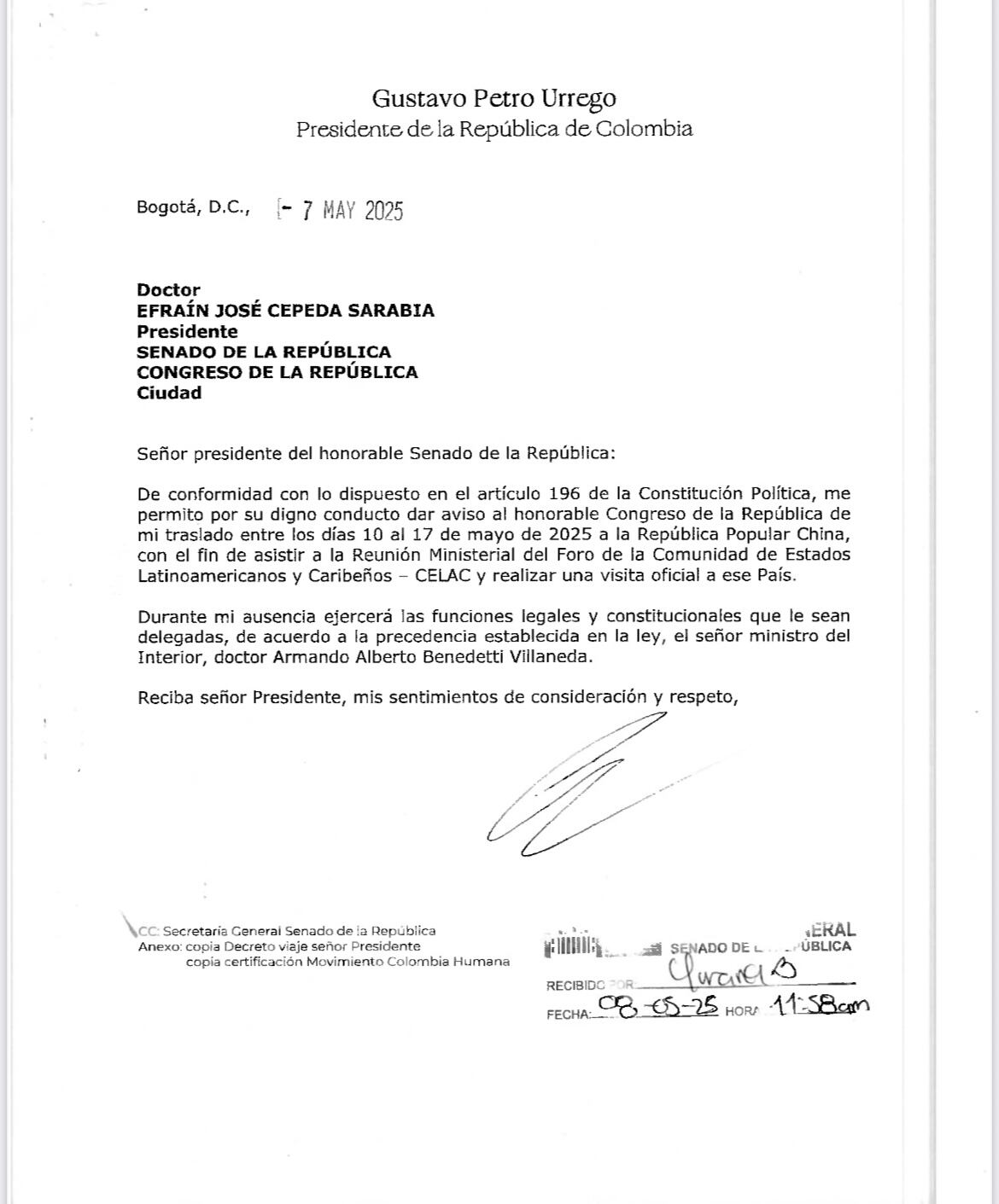 Carta Petro a Efraín Cepeda anunciando funciones presidenciales a Armando Benedetti