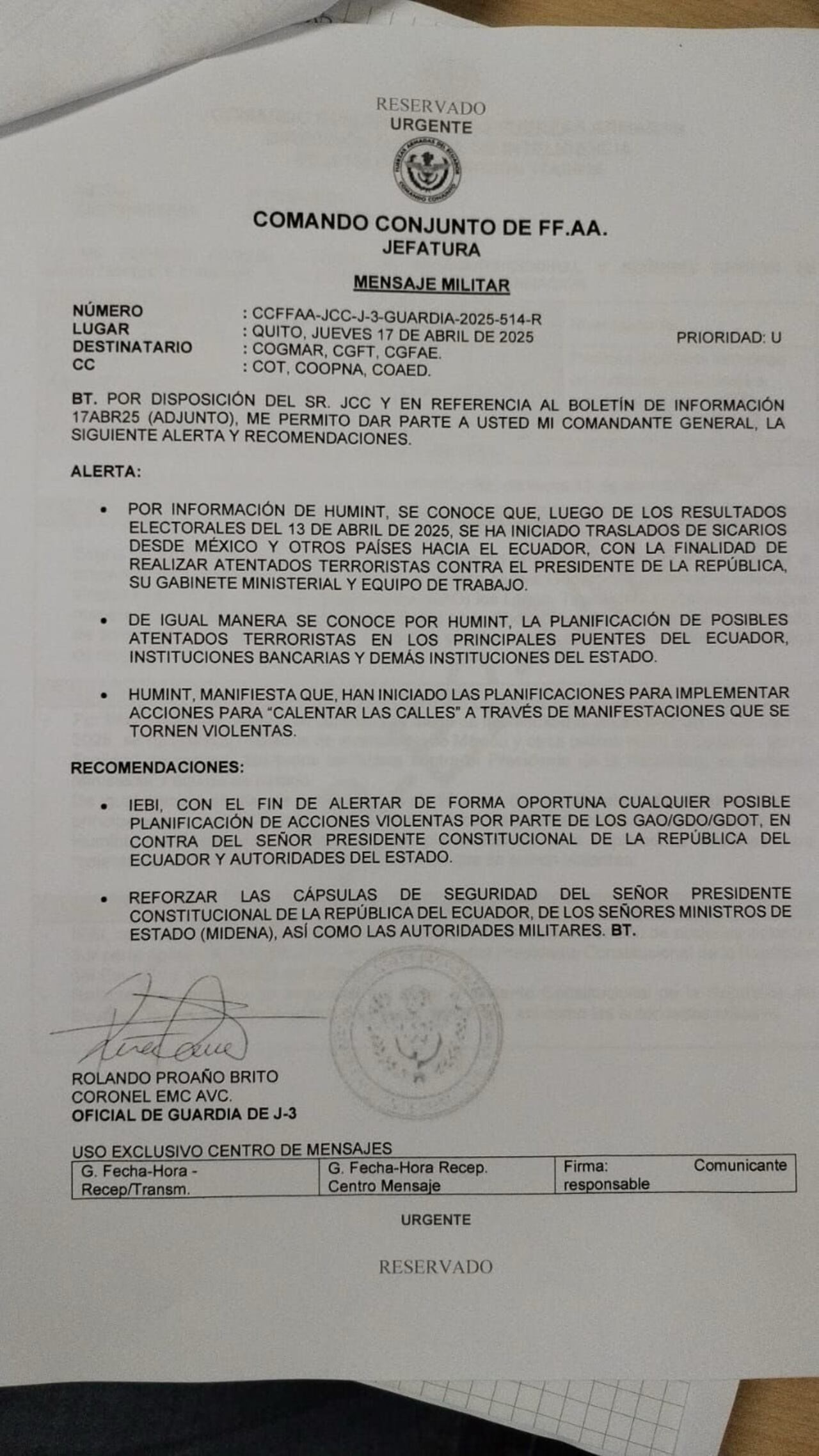 Un reporte del Comando Conjunto de las Fuerzas Armadas asegura que tras la reelección de Daniel Noboa "se ha iniciado traslados de sicarios desde México y otros países hacia el Ecuador".