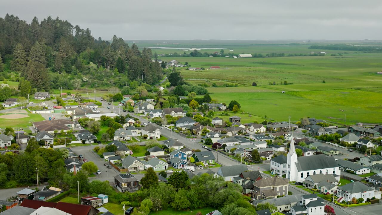 Pueblo junto a la reserva natural y los exuberantes campos del condado de Humboldt, California - Vista aérea