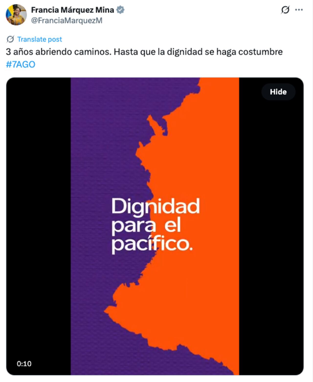 El mensaje en X de la vicepresidenta Francia Márquez Mina