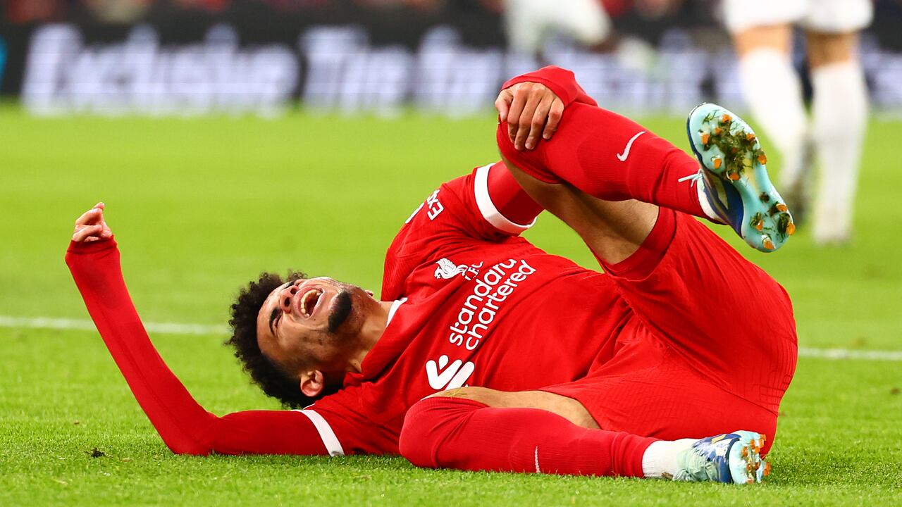 LIVERPOOL, ENGLAND - NOVEMBER 30: Luis Diaz of Liverpool lies injured during the during the UEFA Europa League Group E match between Liverpool and LASK at Anfield on November 30, 2023 in Liverpool, England. (Photo by Chris Brunskill/Fantasista/Getty Images)
