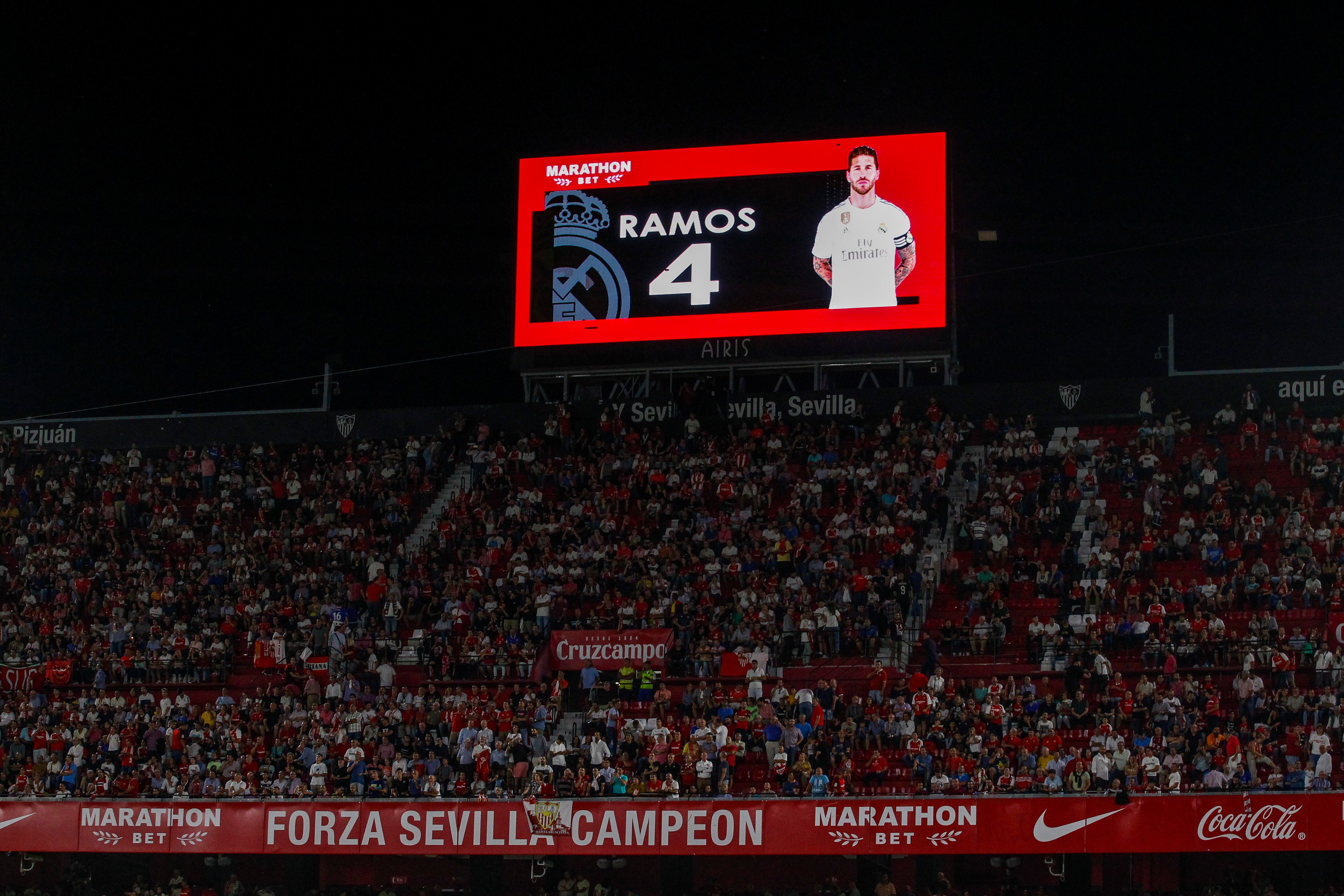 SEVILLA, SPAIN - SEPTEMBER 22: Sergio Ramos of Real Madrid during the La Liga Santander  match between Sevilla v Real Madrid at the Estadio Ramon Sanchez Pizjuan on September 22, 2019 in Sevilla Spain (Photo by David S. Bustamante/Soccrates/Getty Images)