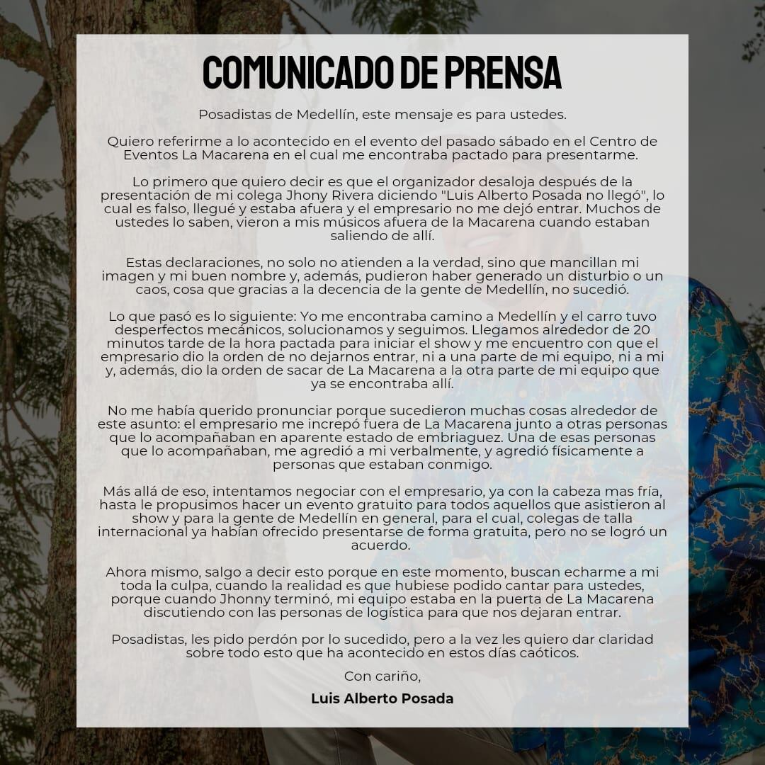 Comunicado Luis Alberto Posada