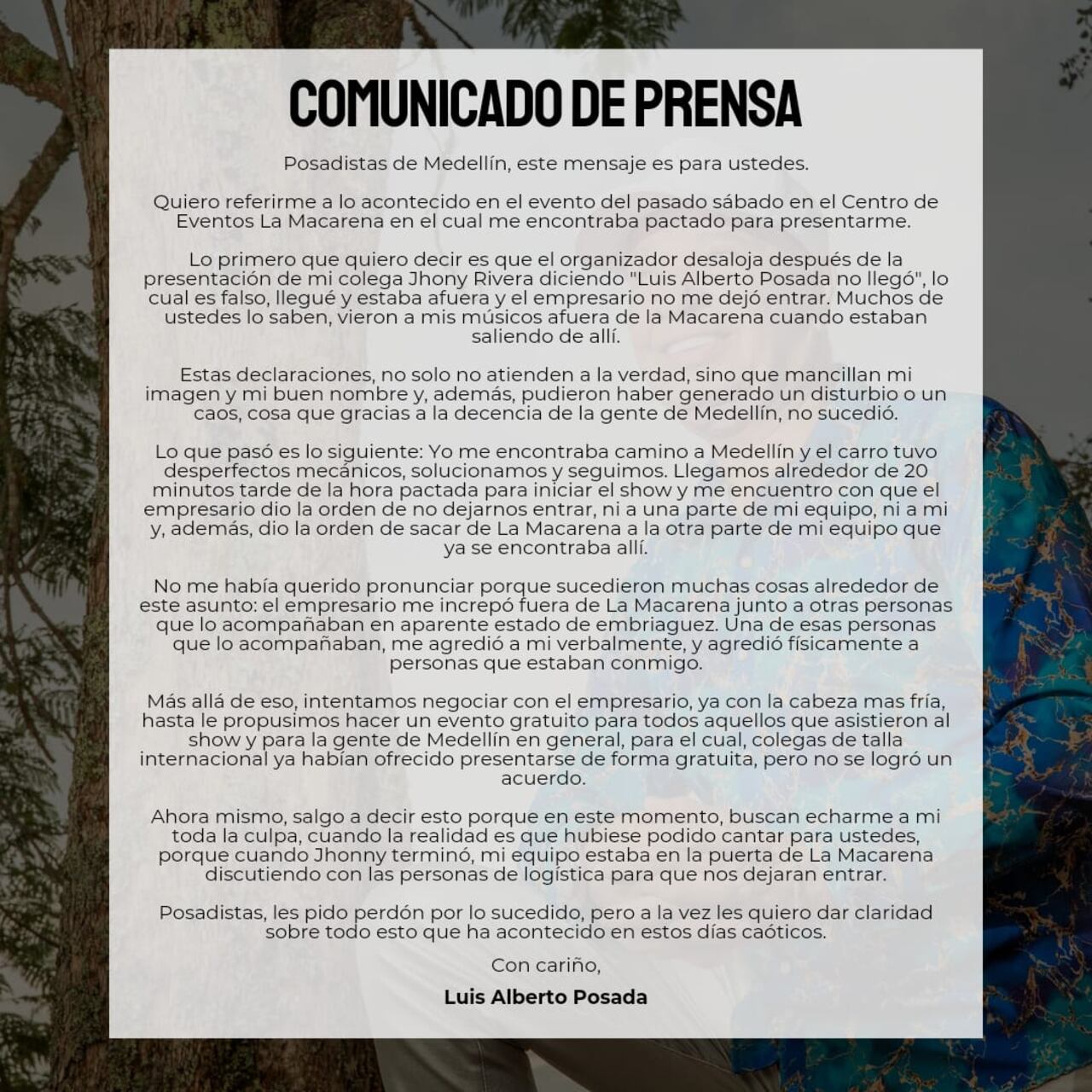 Comunicado Luis Alberto Posada