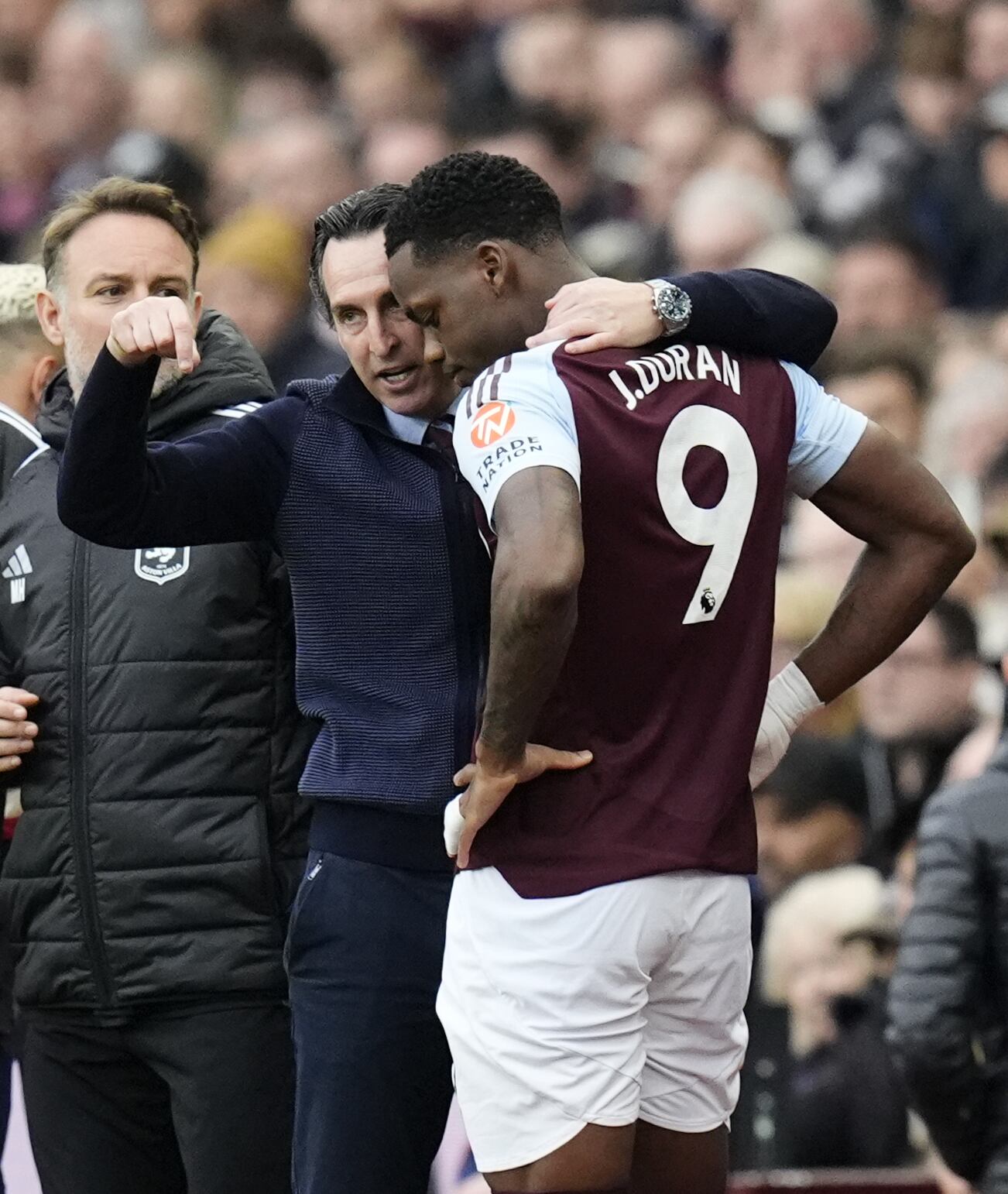Aston Villa manager Unai Emery (left) speaks with Jhon Duran before coming on as a substitute during the Premier League match at Villa Park, Birmingham. Picture date: Sunday October 6, 2024. (Photo by Nick Potts/PA Images via Getty Images)